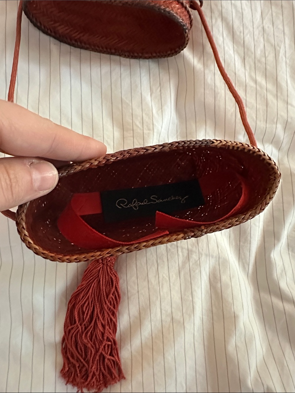 Vintage Rafael Sanchez Woven Straw Crossbody Bag w/ Oversized Tassel and Bead - Picture 3 of 6